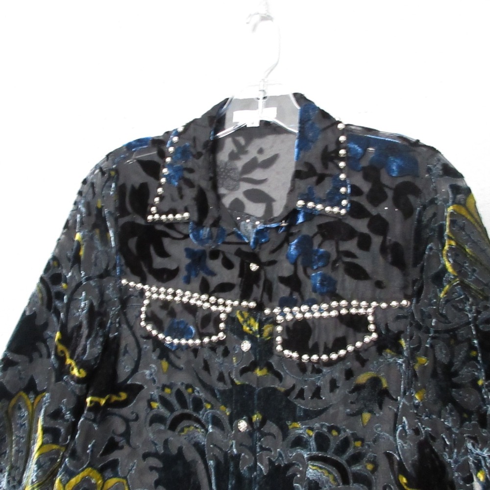 Adore Top Dark Floral Velvet Burnout Studded Whimsigoth Goth Semi Sheer Button